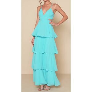 NWT Lulu’s Tier and Now Blue Tie-Back Tiered‎ Maxi Dress Size XXS Side Cut Out